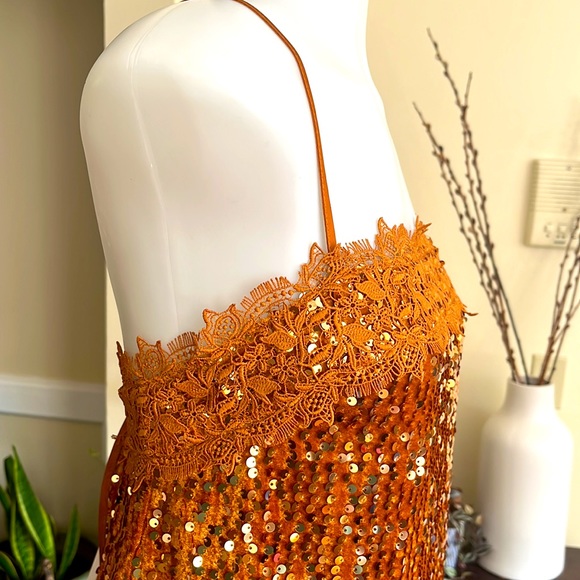 🧡 Free People Intimately Free Golden Velvet Sequin Strapped Cocktail Dress - Picture 8 of 17